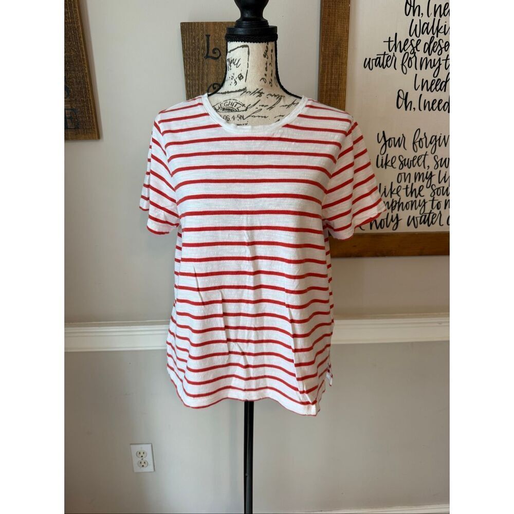 Sigrid Olsen Women's Striped Cotton Short Sleeve T-Shirt White Red Size Medium